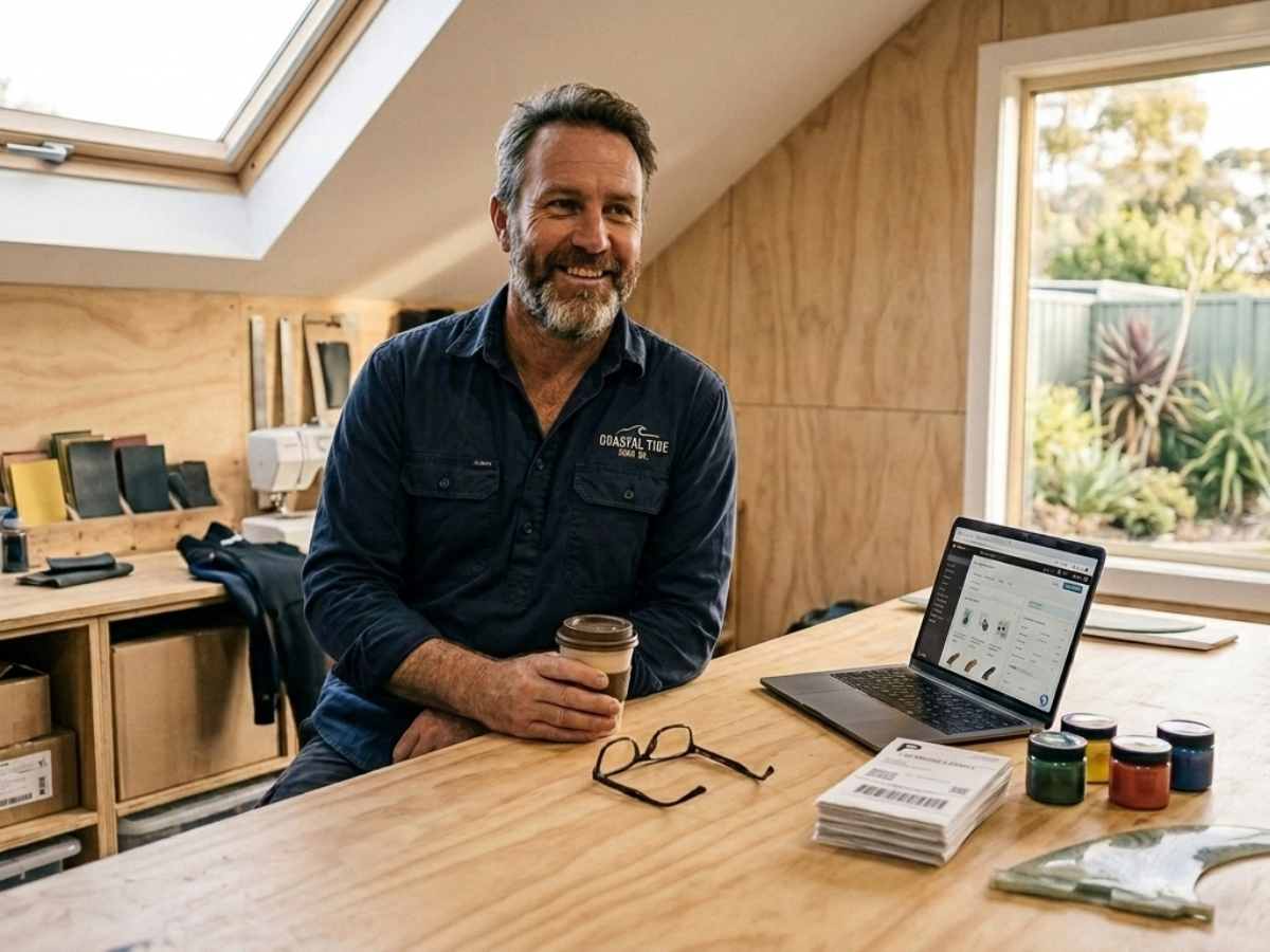 A small business owner at his workbench
